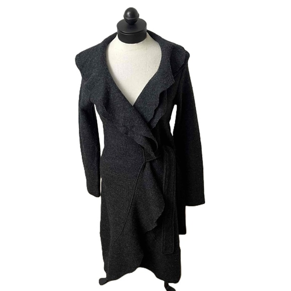 Dark Gray Ruffled Wool Belted Wrap Coat Womens Size Small - Picture 1 of 16